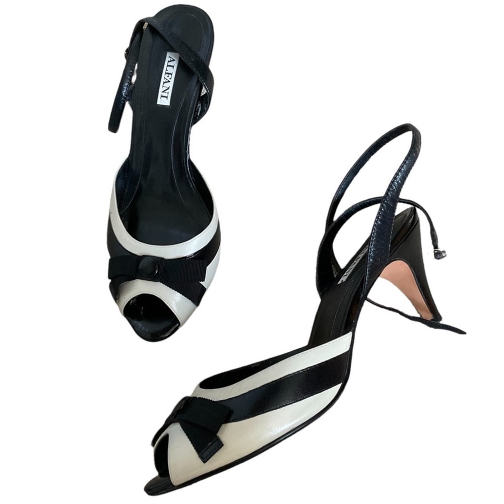 Alfani Black and White Leather Peep-Toe Heels with Slingback Strap - Picture 4 of 9